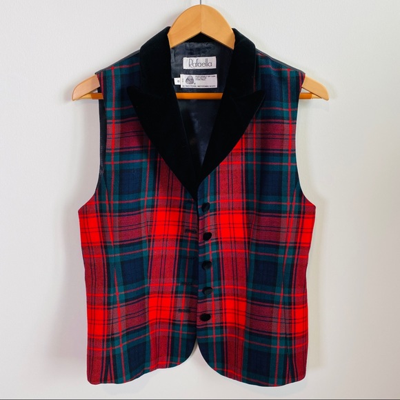 Vintage Red Tartan Plaid Vest with Velvet Lapel Size 8 - Picture 2 of 9